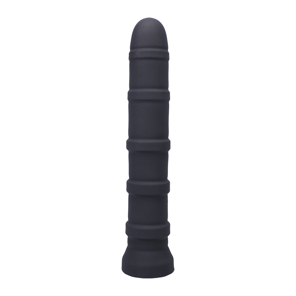 Tantus Cisco Firm Dildo in garnet color with textured rings, made of 100% ultra-premium silicone, 10.75 inches long and 2.25 inches in diameter.