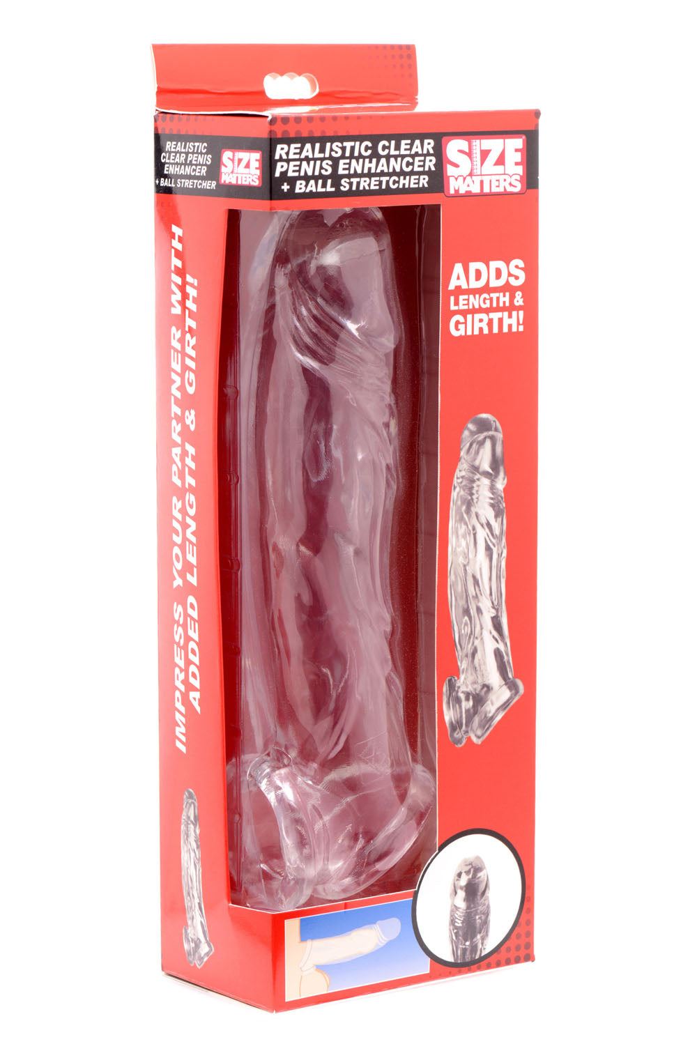 Clear realistic penis enhancer and ball stretcher with veiny texture for added length and girth.