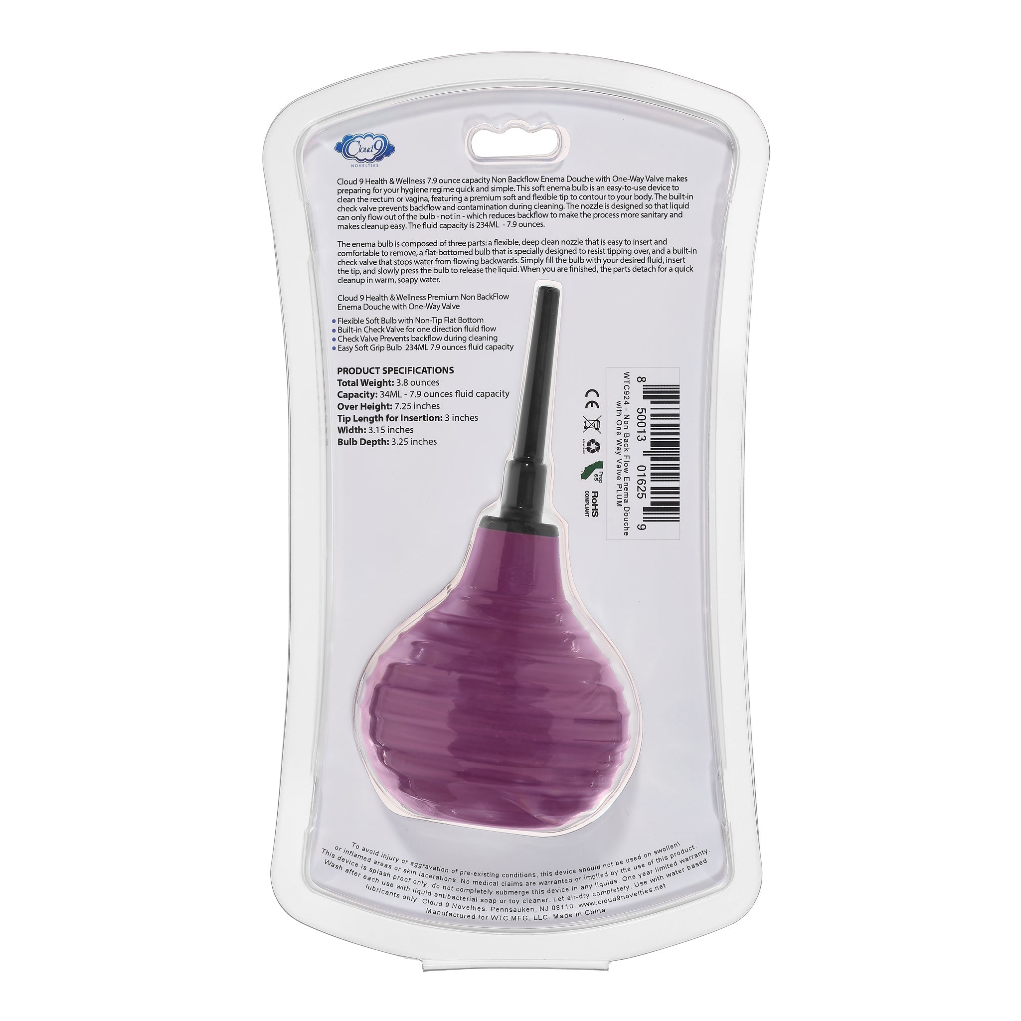 Health and Wellness Deluxe Enema Douche Non- Backflow One-Way Valve - 7.9 Fl. Oz. - Plum by Sexual Wellness