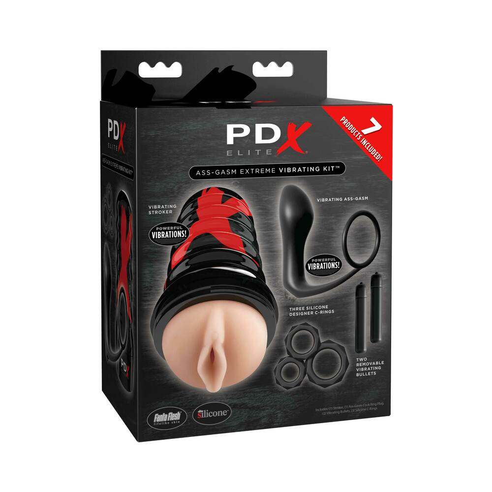 PDX Elite Ass-Gasm Extreme Vibrating 7-Piece Kit with stroker, cock ring, anal plug, silicone rings, and vibrating bullets for enhanced stimulation