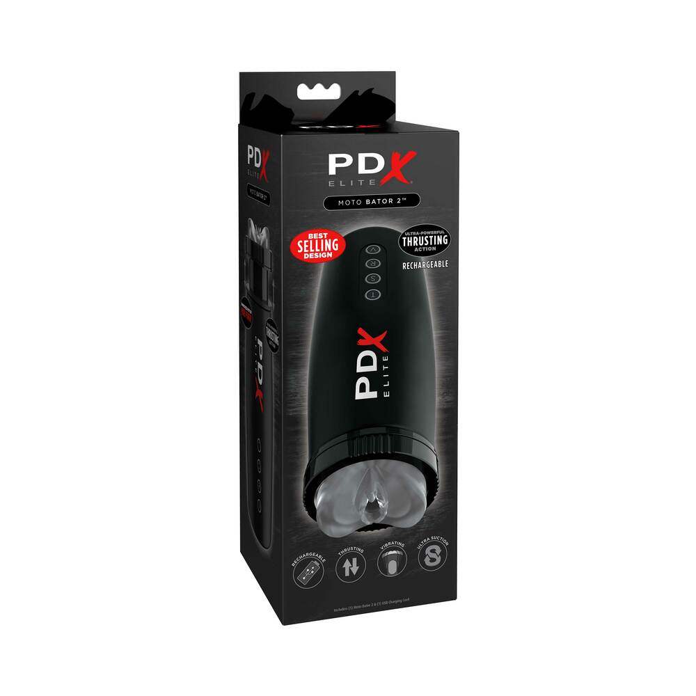 PDX Elite Motobator 2 rechargeable thrusting vibrating masturbator in clear and black packaging