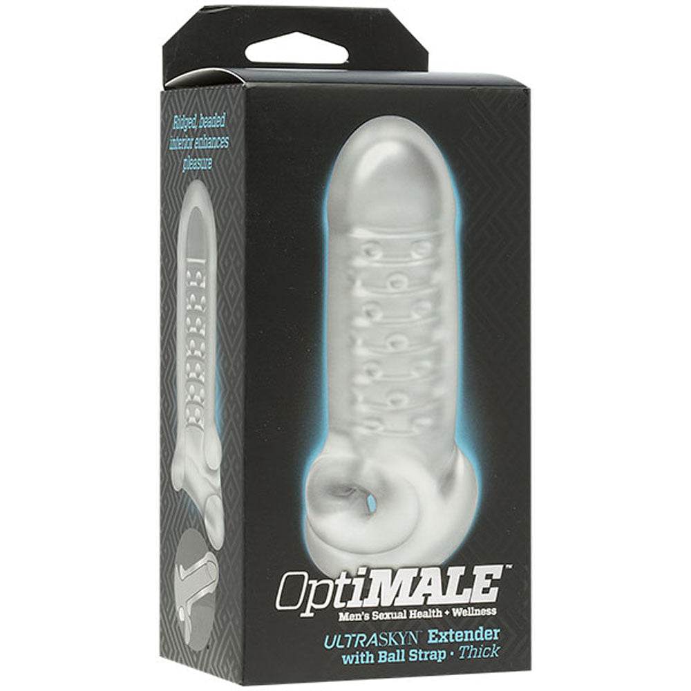 OptiMALE Extender with ball strap thick frosted sleeve for enhanced length and girth with ribbed texture