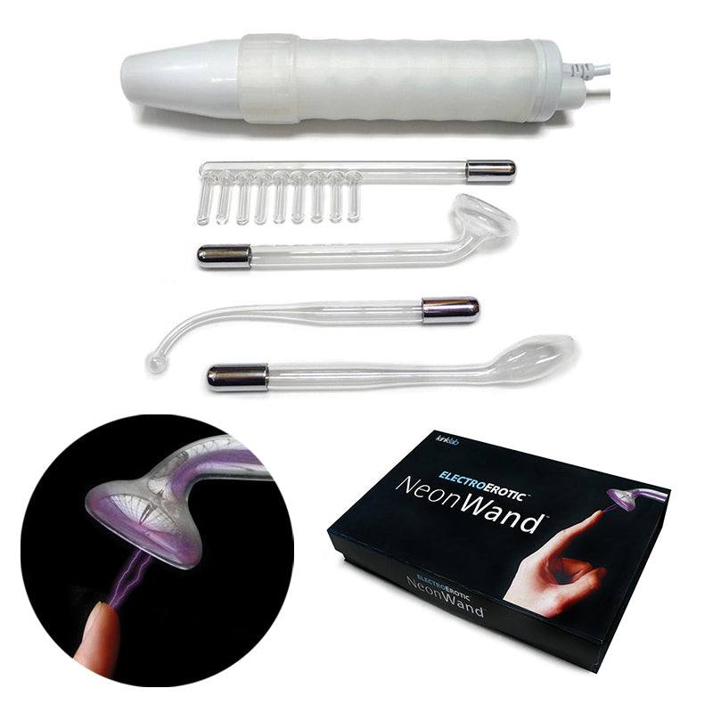 KinkLab Neon Wand electrosex kit with white handle, purple glass electrodes, and adjustable intensity dial