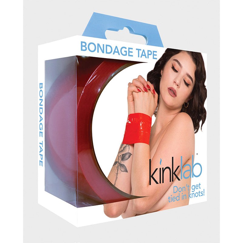 Kinklab Unisex Bondage Tape in red packaging with model showcasing red tape on wrist