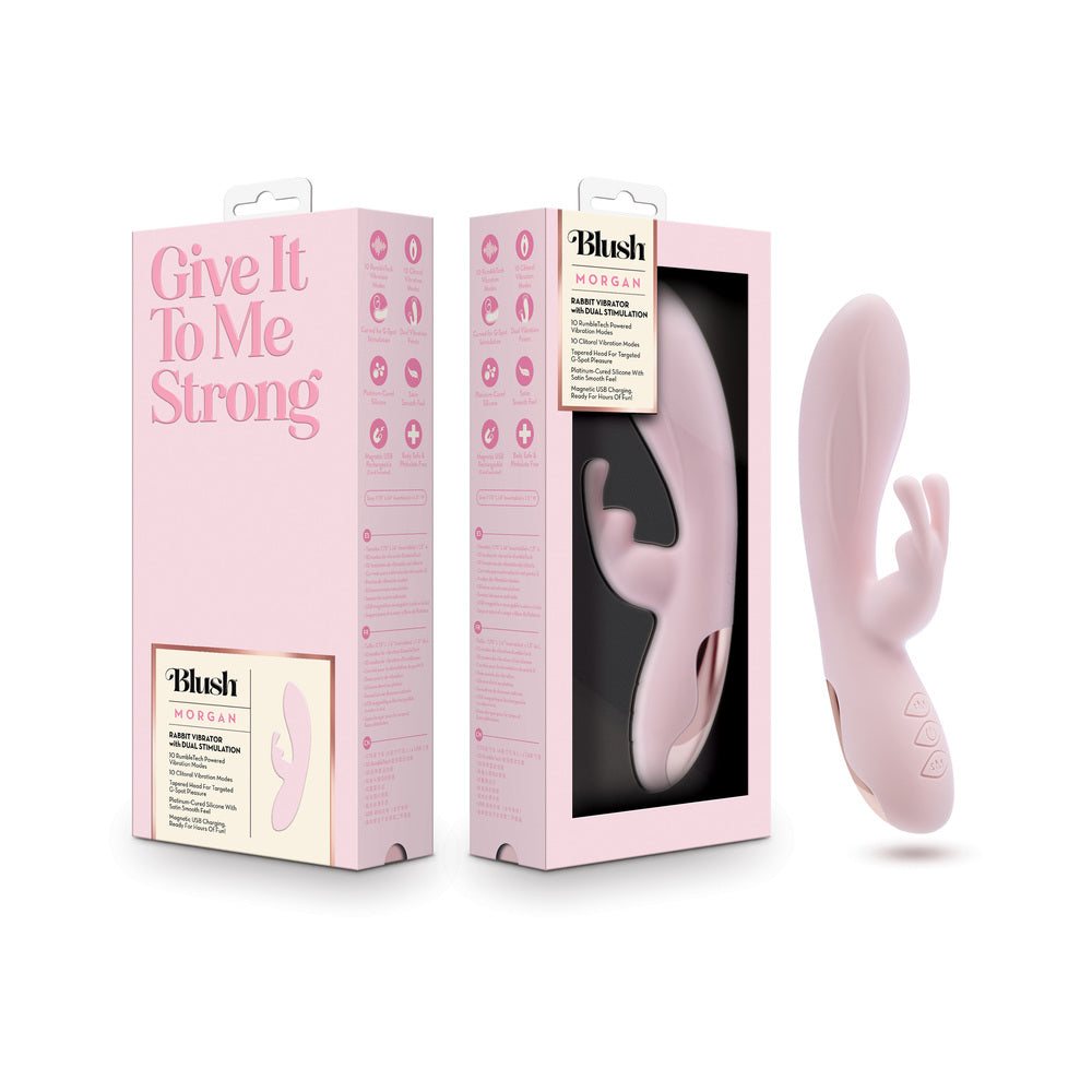 Blush Morgan Pink dual vibration rabbit vibrator in soft pink with ergonomic design and magnetic USB charging.