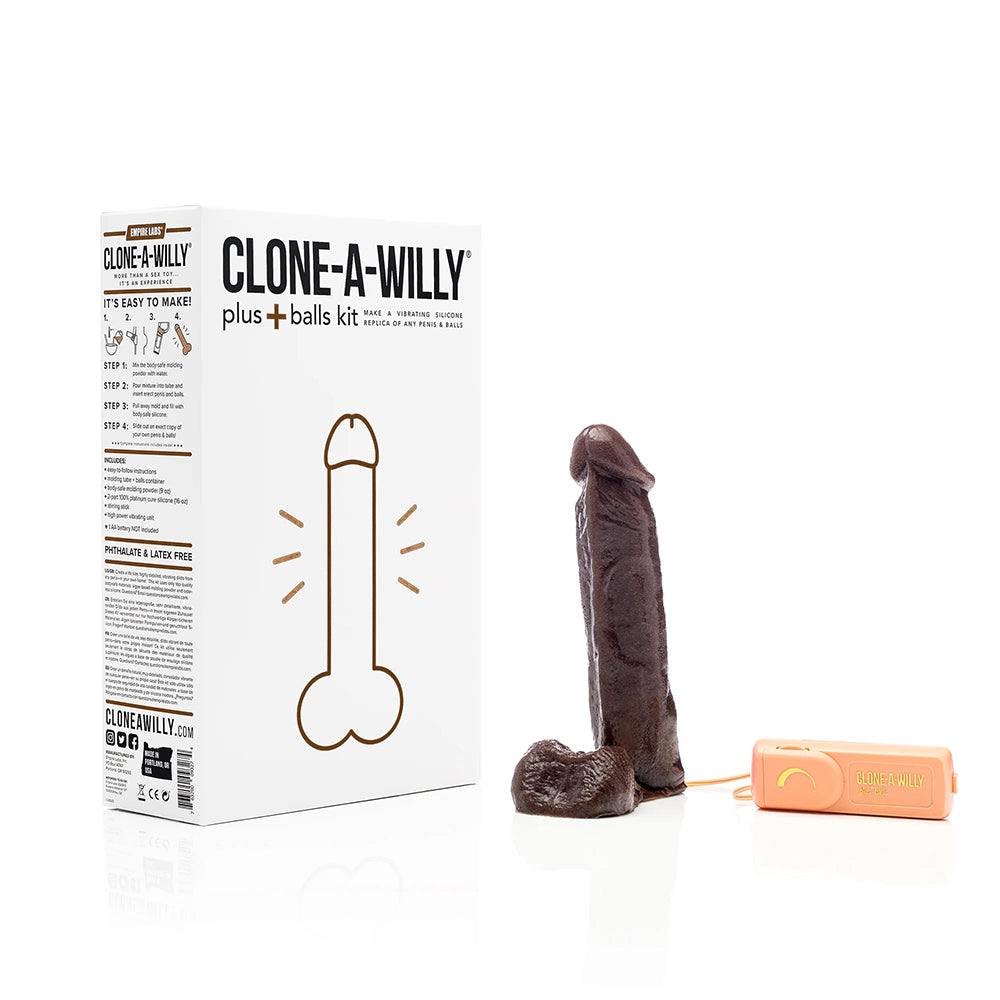 Clone-A-Willy Plus kit with deep skin tone lifelike dildo and packaging box