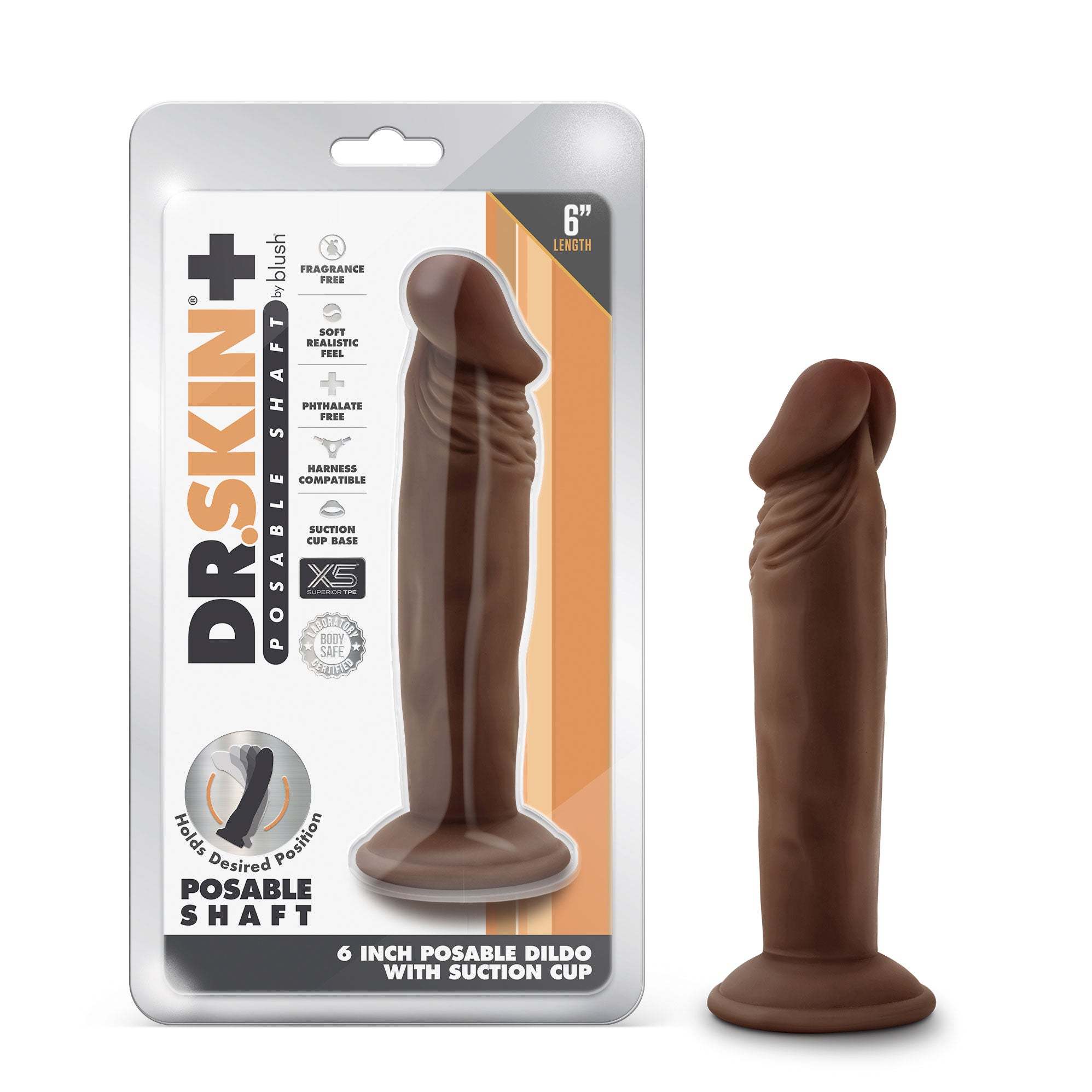 Dr. Skin Plus 6 inch posable chocolate dildo with suction cup and realistic texture