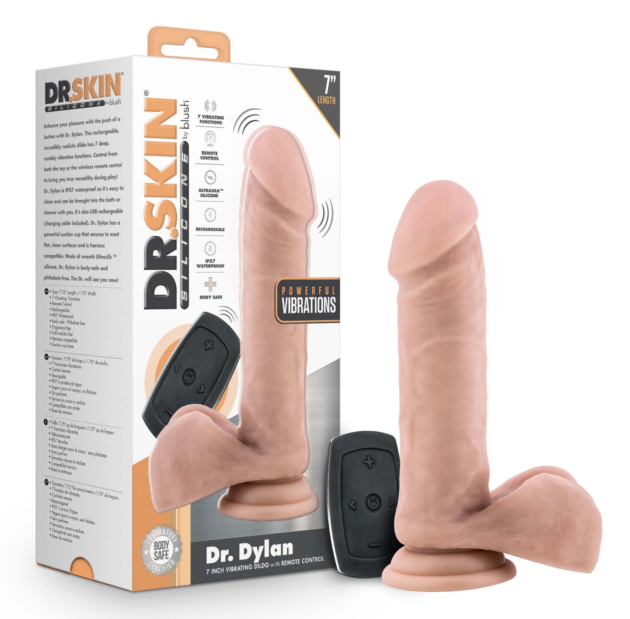 Dr. Skin Silicone - Dr. Dylan - 7 Inch Vibrating Dildo With Remote Control- Vanilla by Anal Toys & Stimulators