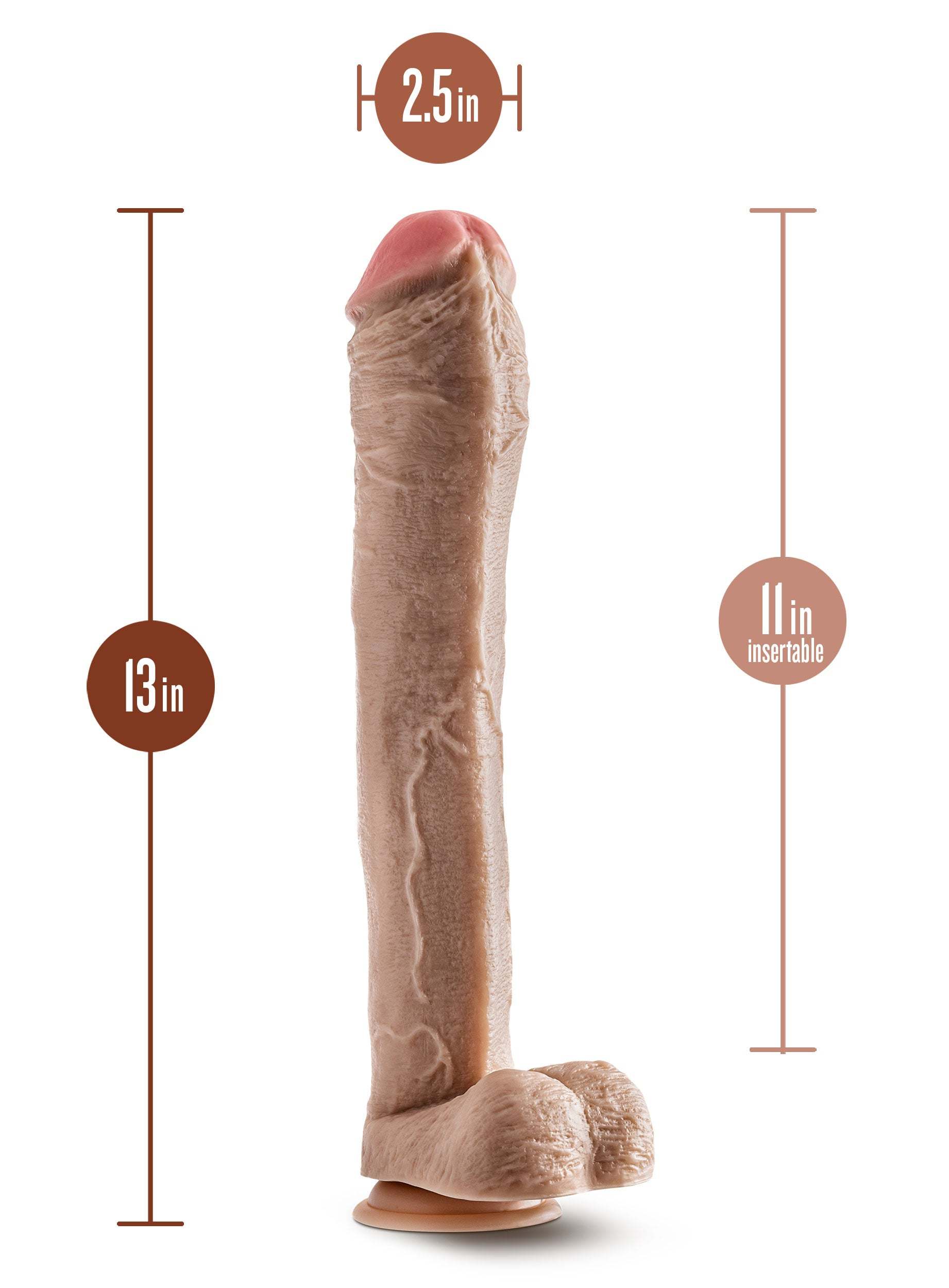 Beige 13 inch dildo with balls, realistic texture, 11 inch insertable length, suction cup base.