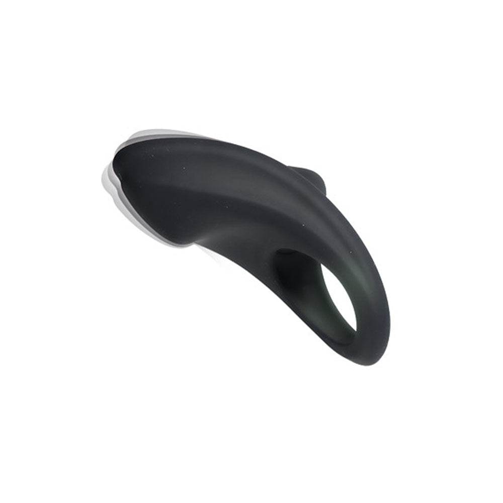 Black Overdrive Plus rechargeable silicone cock ring with curved design and powerful 10-mode vibration motor