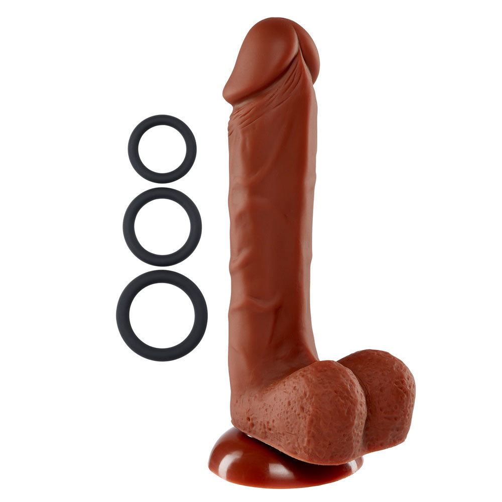 Pro Sensual Premium Silicone 8 Inch Dong With 3 Cockrings - Brown by Cock & Balls