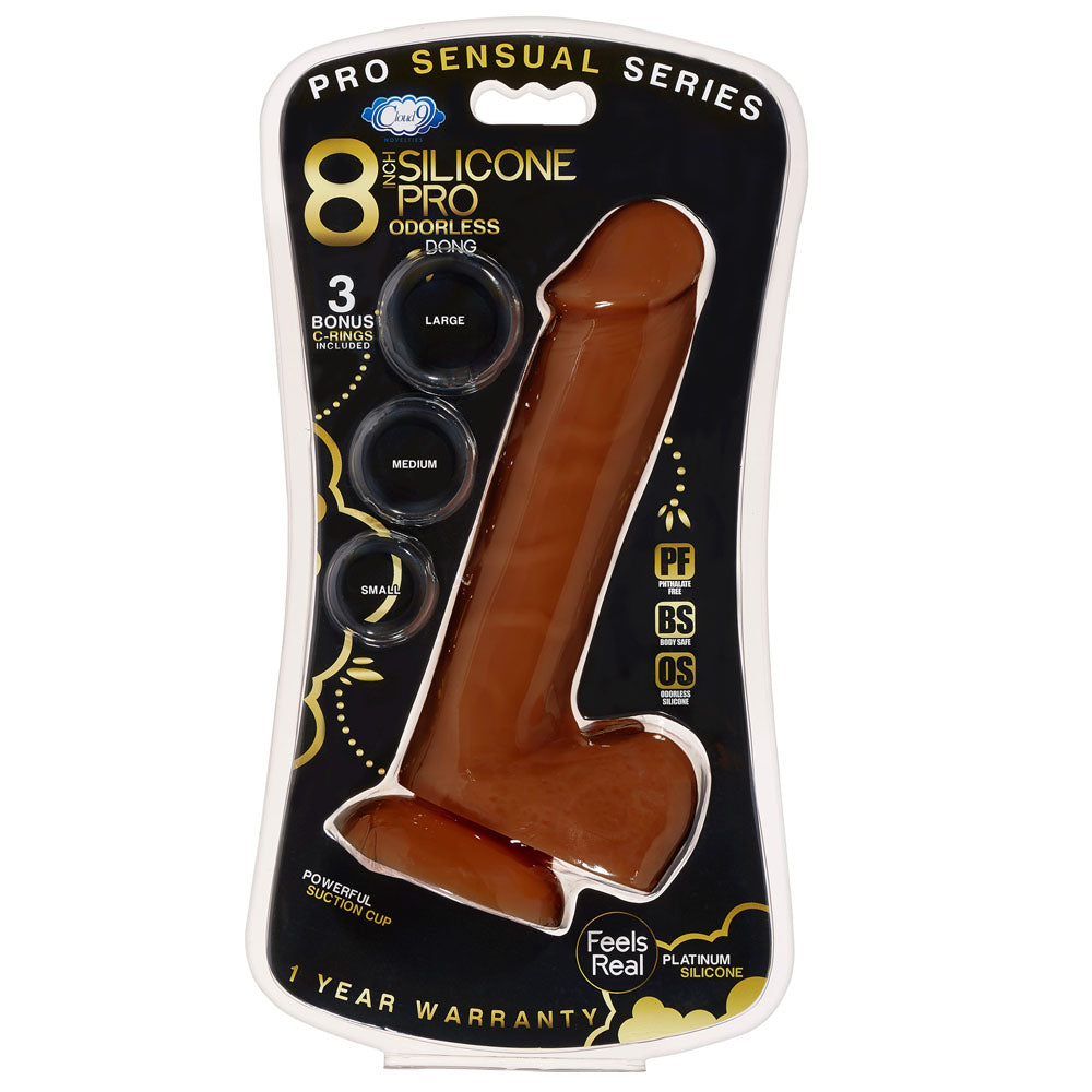Pro Sensual Premium Silicone 8 Inch Dong With 3 Cockrings - Brown by Cock & Balls