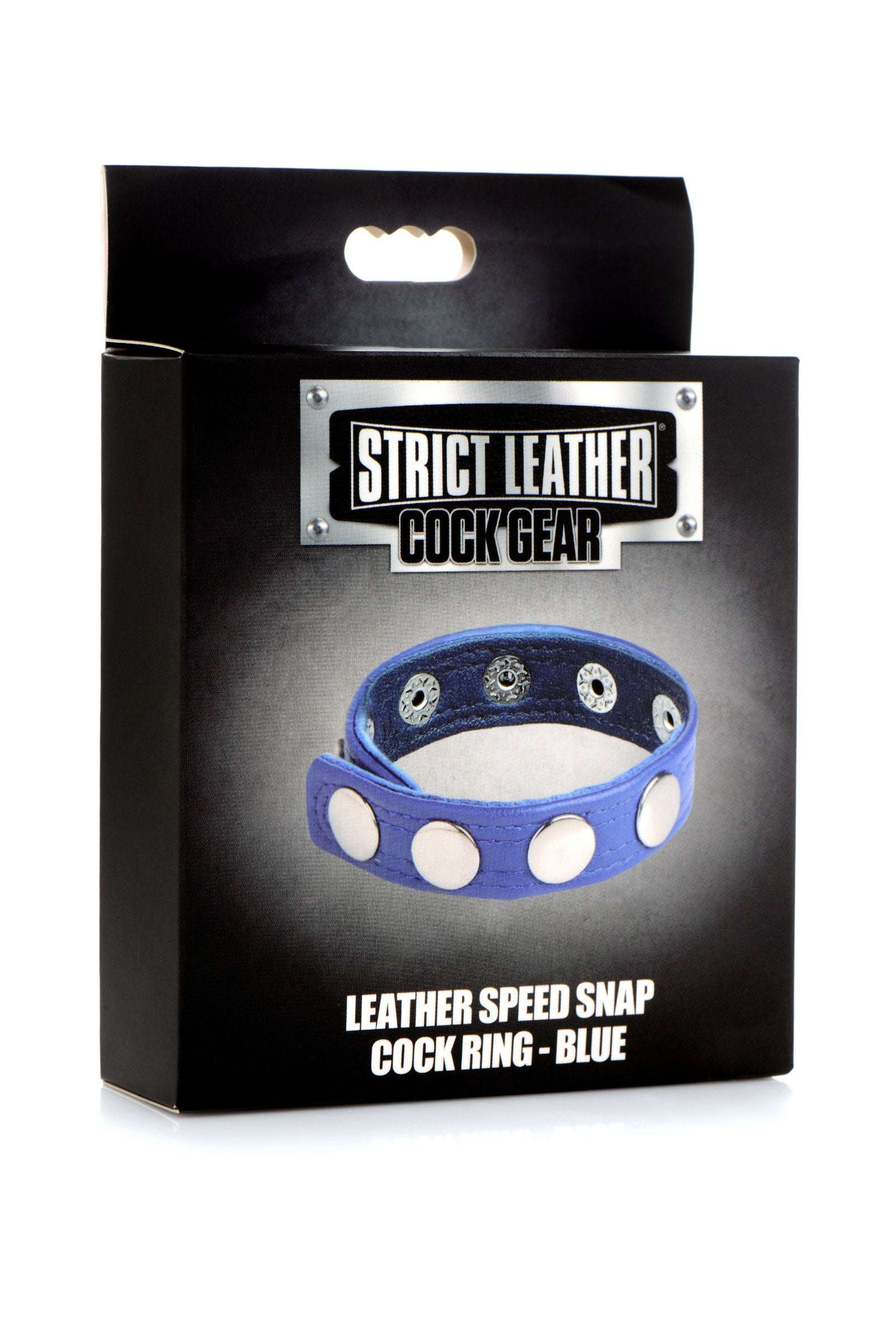 Cock Gear Leather Speed Snap cock ring in blue with adjustable nickel-free snaps and genuine leather strap in packaging