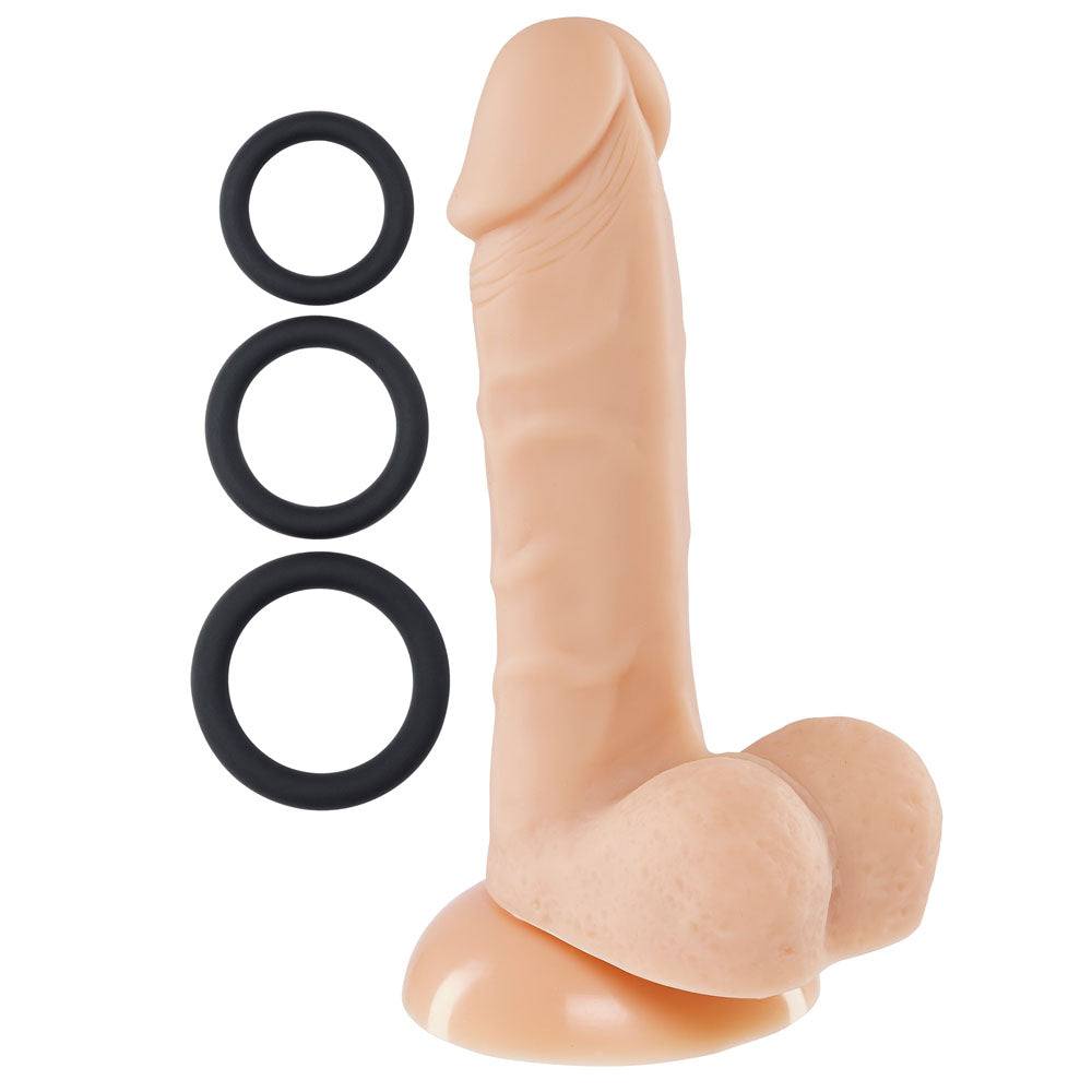 Pro Sensual Premium Silicone 6 inch realistic dong with suction cup and 3 black silicone cock rings in flesh color