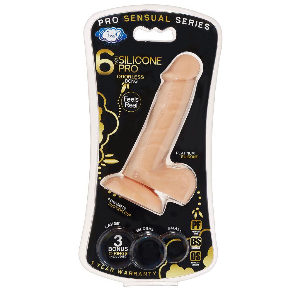 Pro Sensual Premium Silicone 6 inch realistic dildo with suction cup and 3 bonus cock rings in flesh color