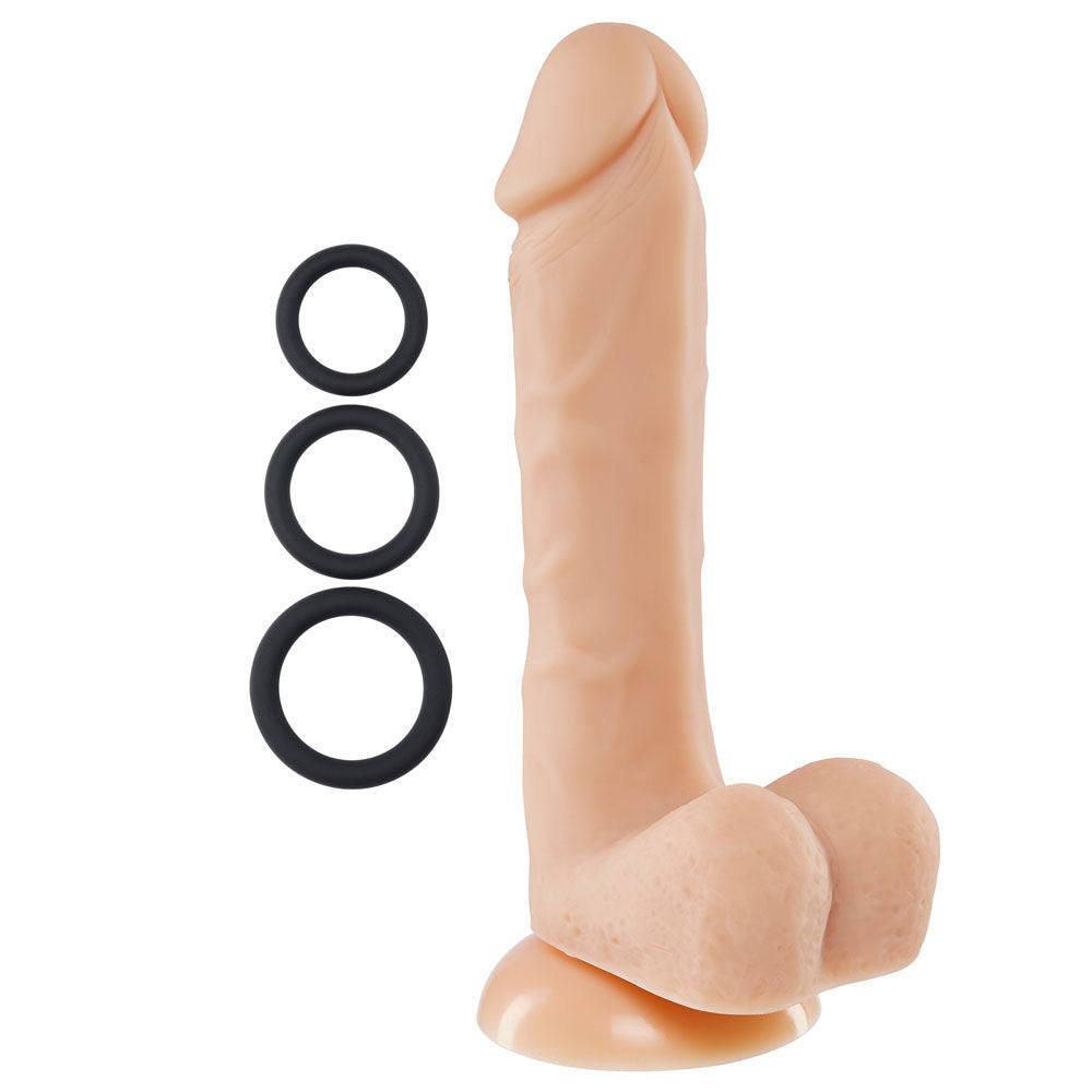 Pro Sensual Premium Silicone 8 inch realistic dong with suction cup and 3 black silicone cock rings