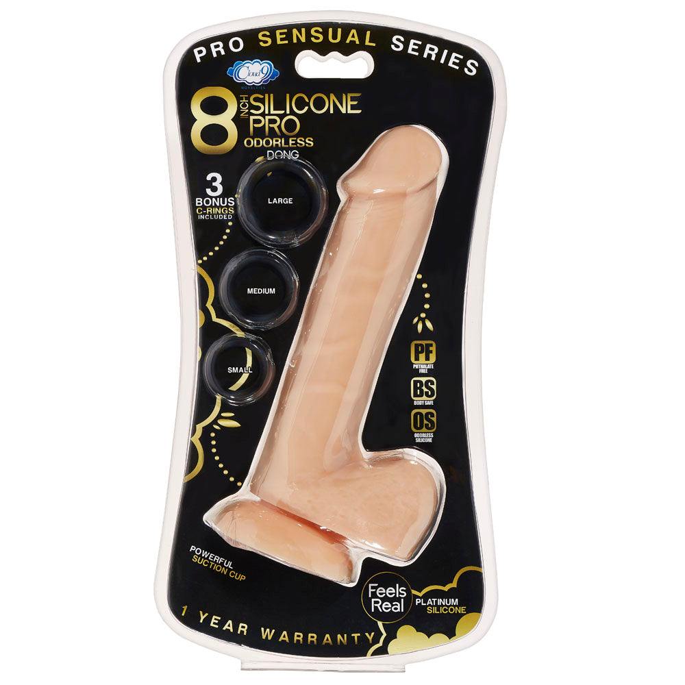 Pro Sensual Premium Silicone 8 inch realistic dildo with powerful suction cup and 3 bonus cock rings in flesh color