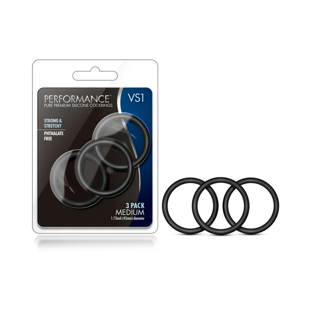 Performance VS1 Pure Premium Silicone Cockrings 3-Pack Medium Black by Cock & Balls