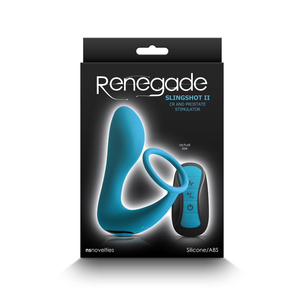 Renegade Slingshot II teal silicone cock ring and prostate stimulator with remote control in packaging