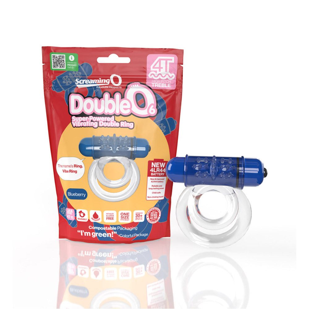 Screaming O 4T DoubleO 6 vibrating double cockring in blueberry with dual rings, 4T motor, waterproof, and eco-friendly packaging