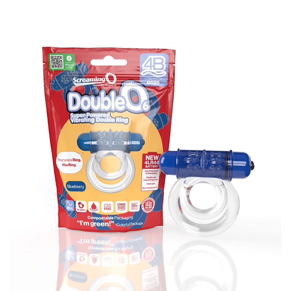 Screaming O 4B DoubleO 6 vibrating double cockring in blueberry color with two rings and powerful bullet vibrator in eco-friendly packaging