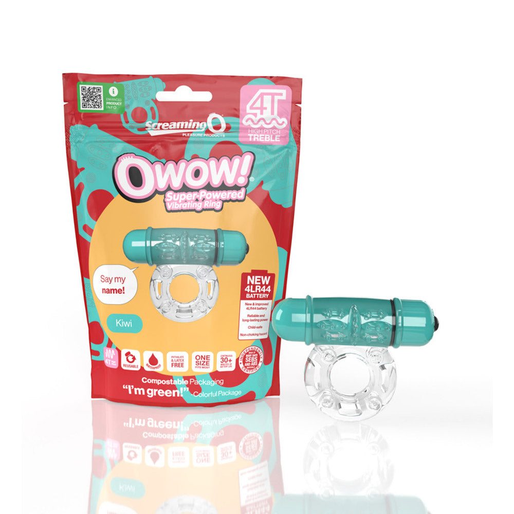 Screaming O 4T OWow vibrating cockring in Kiwi with super-powered 4T motor and body-safe clear SEBS ring.