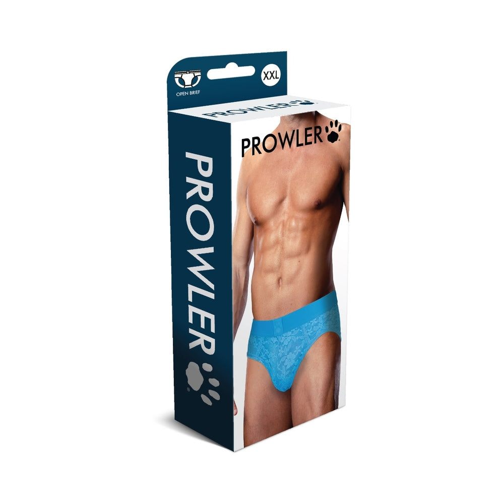 Prowler Lace Neon Blue open back brief in 2XL packaging featuring a male model wearing the lace brief.