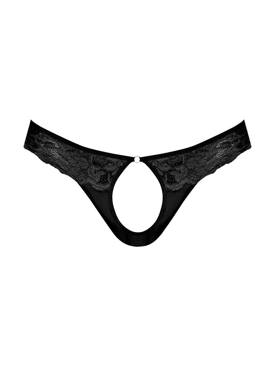 Male Power black lace open ring thong with crotchless pouch and scallop edged floral stretch lace panels