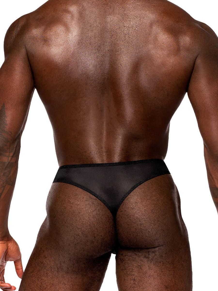 Male Power Sassy Lace black open ring thong on male model back view with scallop edged floral lace and stretch mesh panels