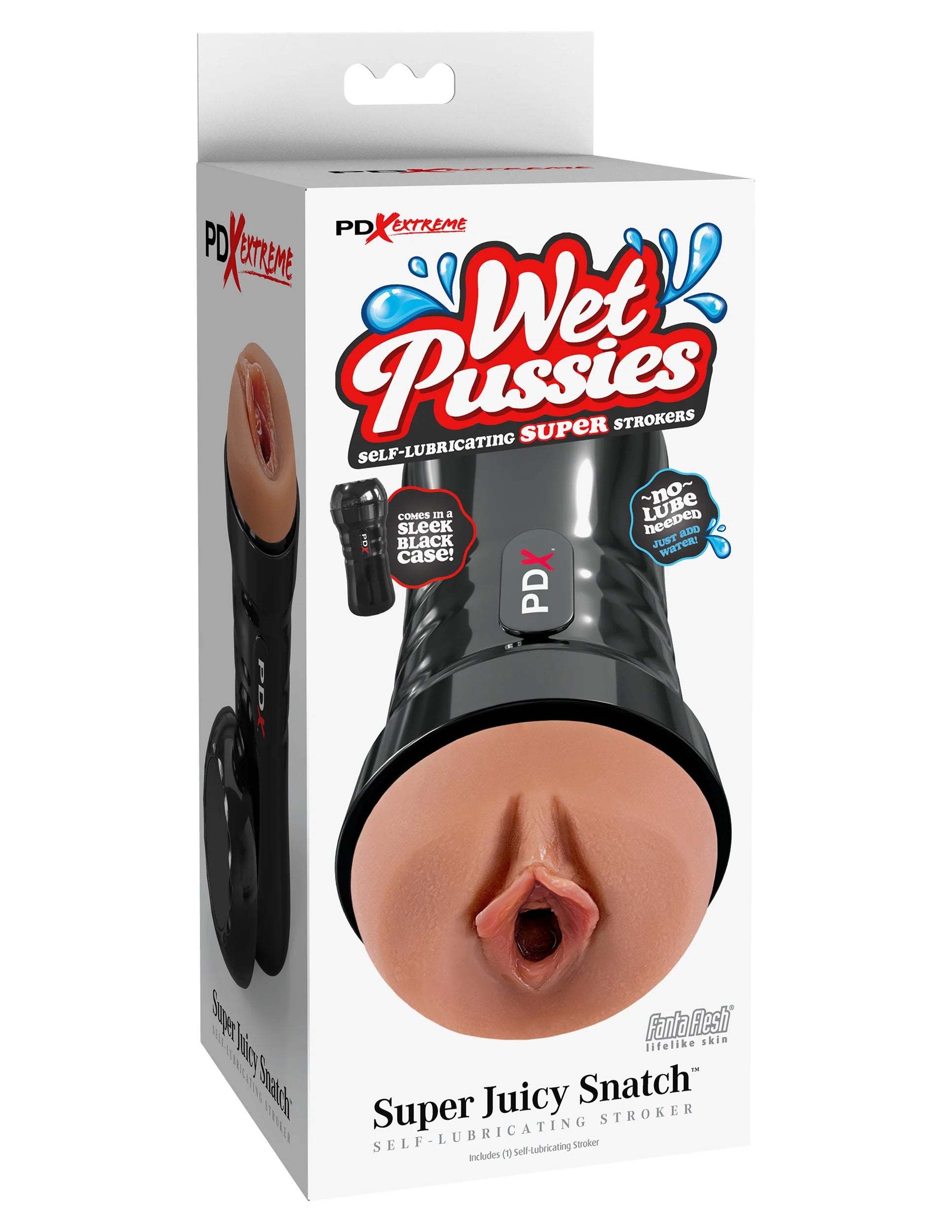 Super Juicy Snatch self-lubricating stroker in sleek black case with realistic pleasure tunnel, no lube needed—just add water