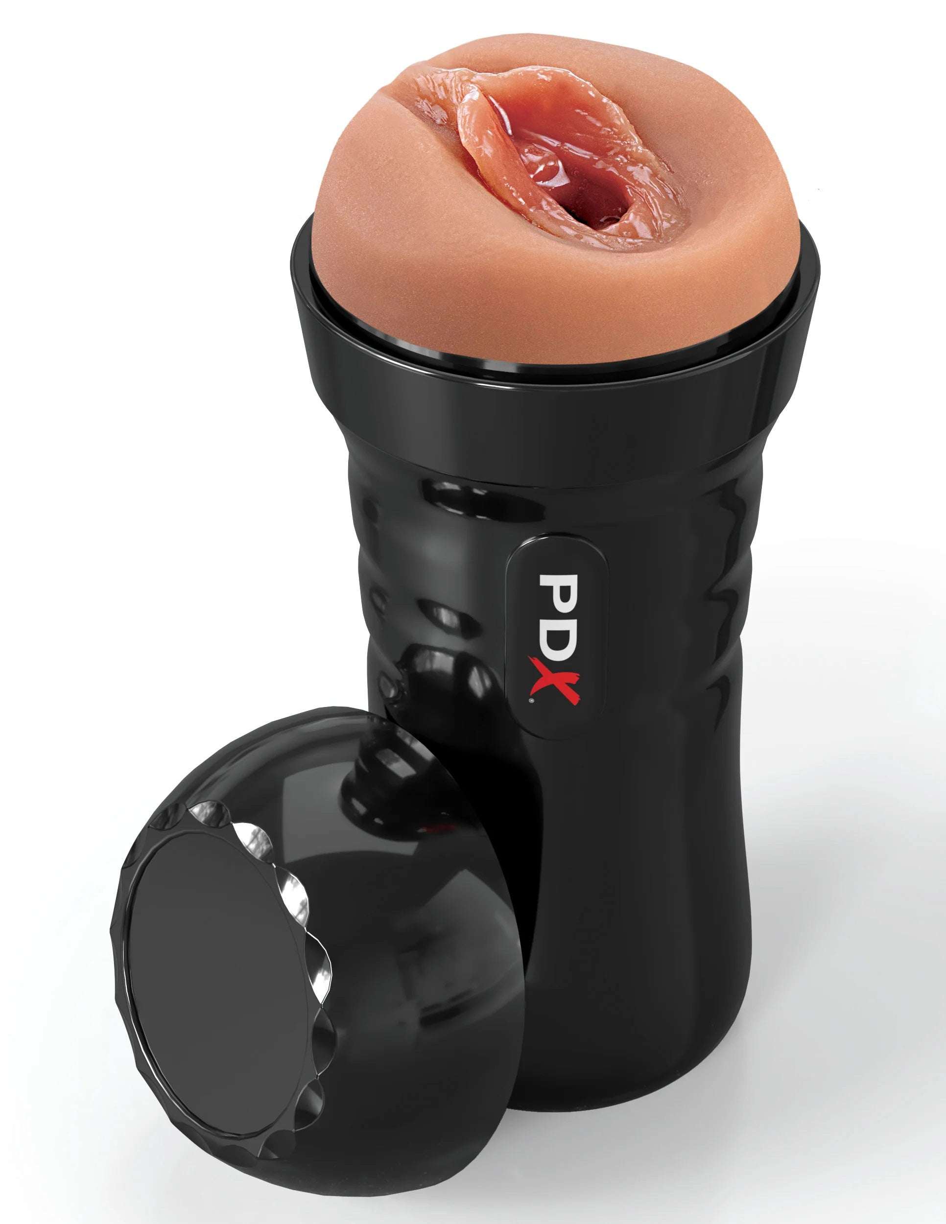 Super Juicy Snatch self-lubricating stroker with realistic brown sleeve and black ergonomic case