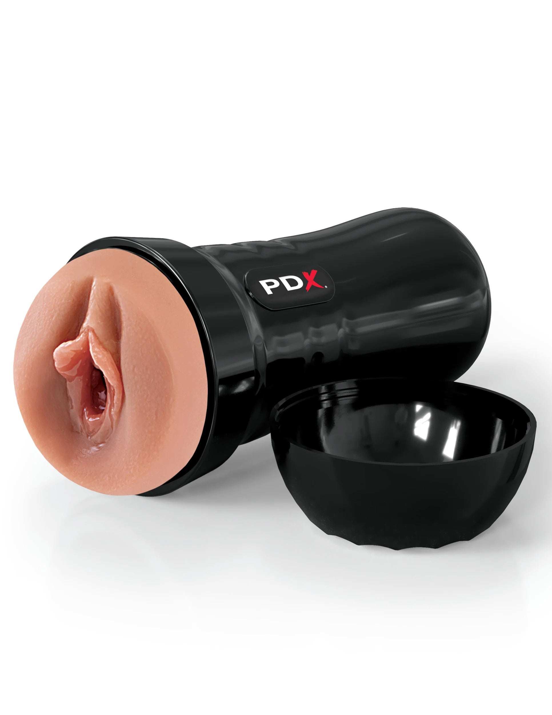 Super Juicy Snatch self-lubricating stroker with realistic pleasure tunnel and sleek black case, brown color
