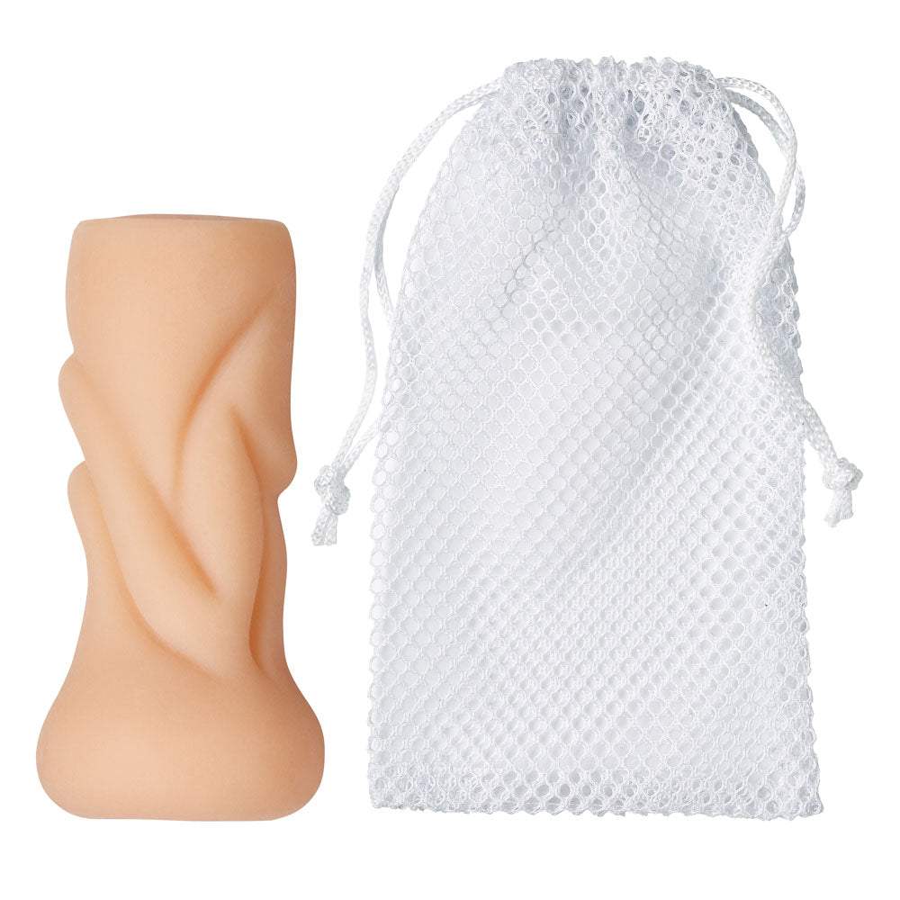 Tan anal pocket stroker with ribbed texture and white mesh drying pouch