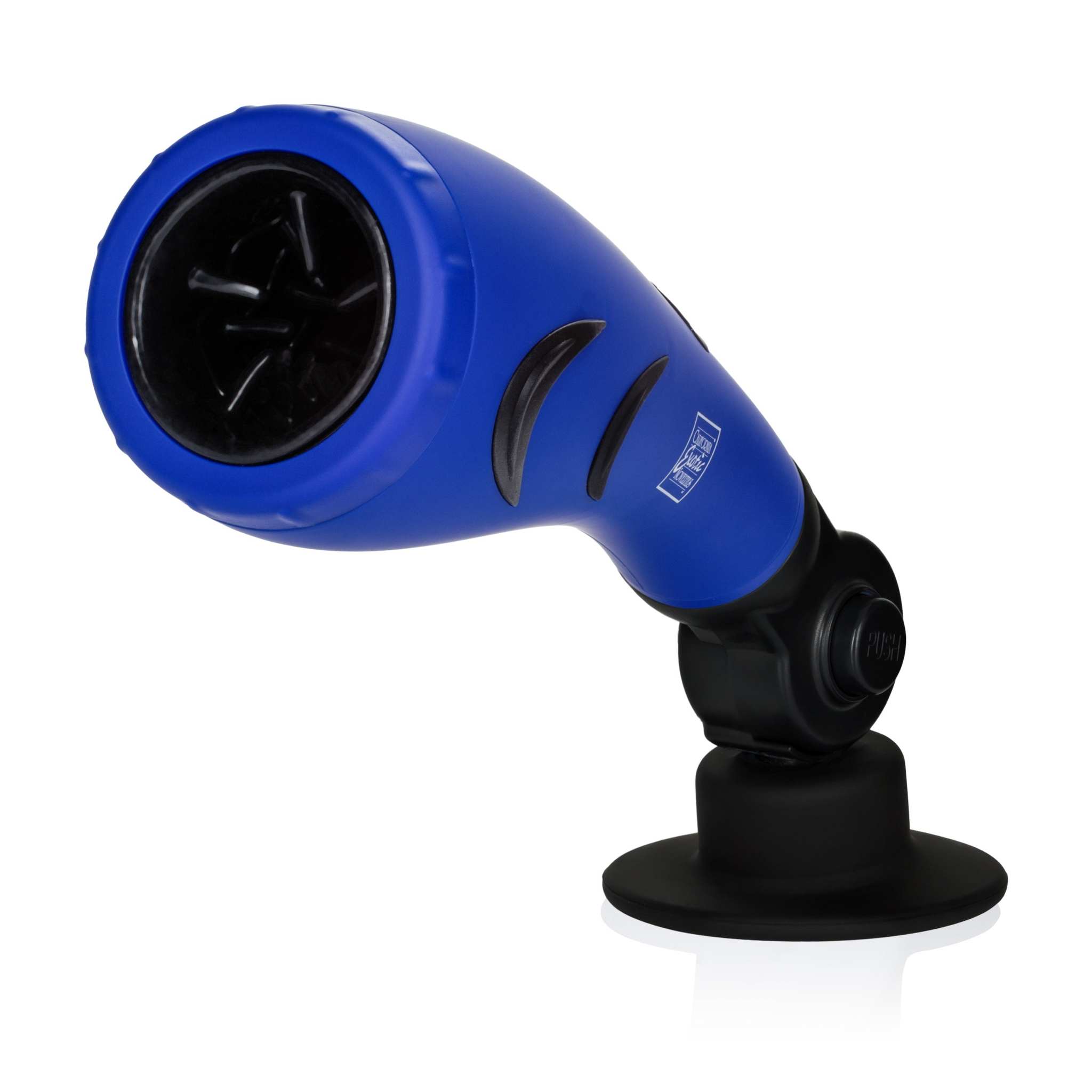 Blue Apollo Hydro Power Stroker with removable textured sleeve and suction cup base for hands-free use