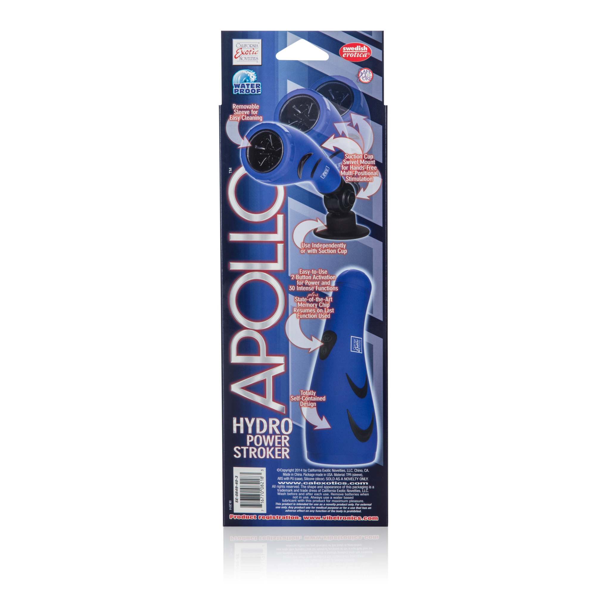 Apollo Hydro Power Stroker in blue with removable suction cup and textured sleeve for intense vibration and hands-free use