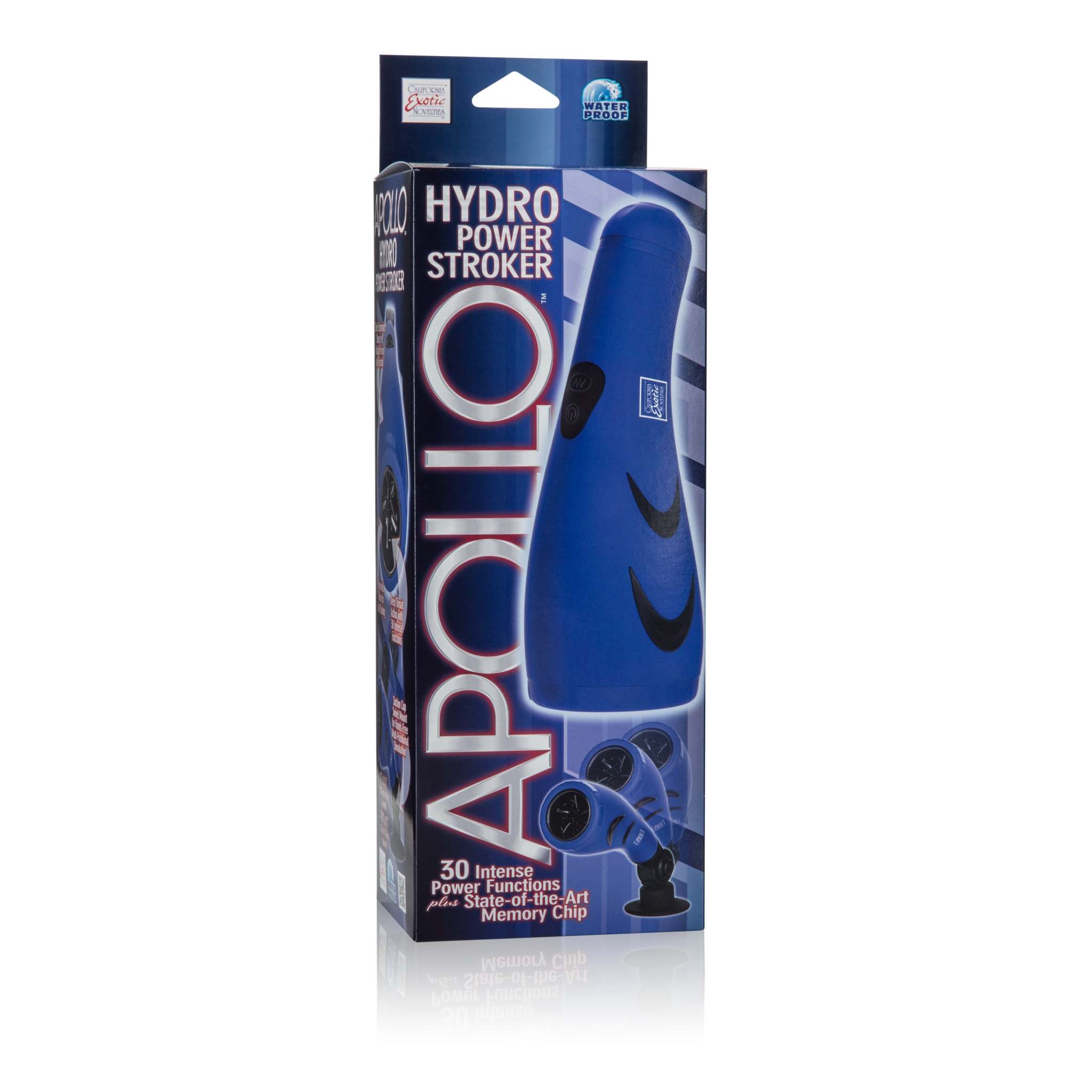 Apollo Hydro Power Stroker in blue with 30 vibration functions, removable suction base, and textured sleeve for intense sensation.