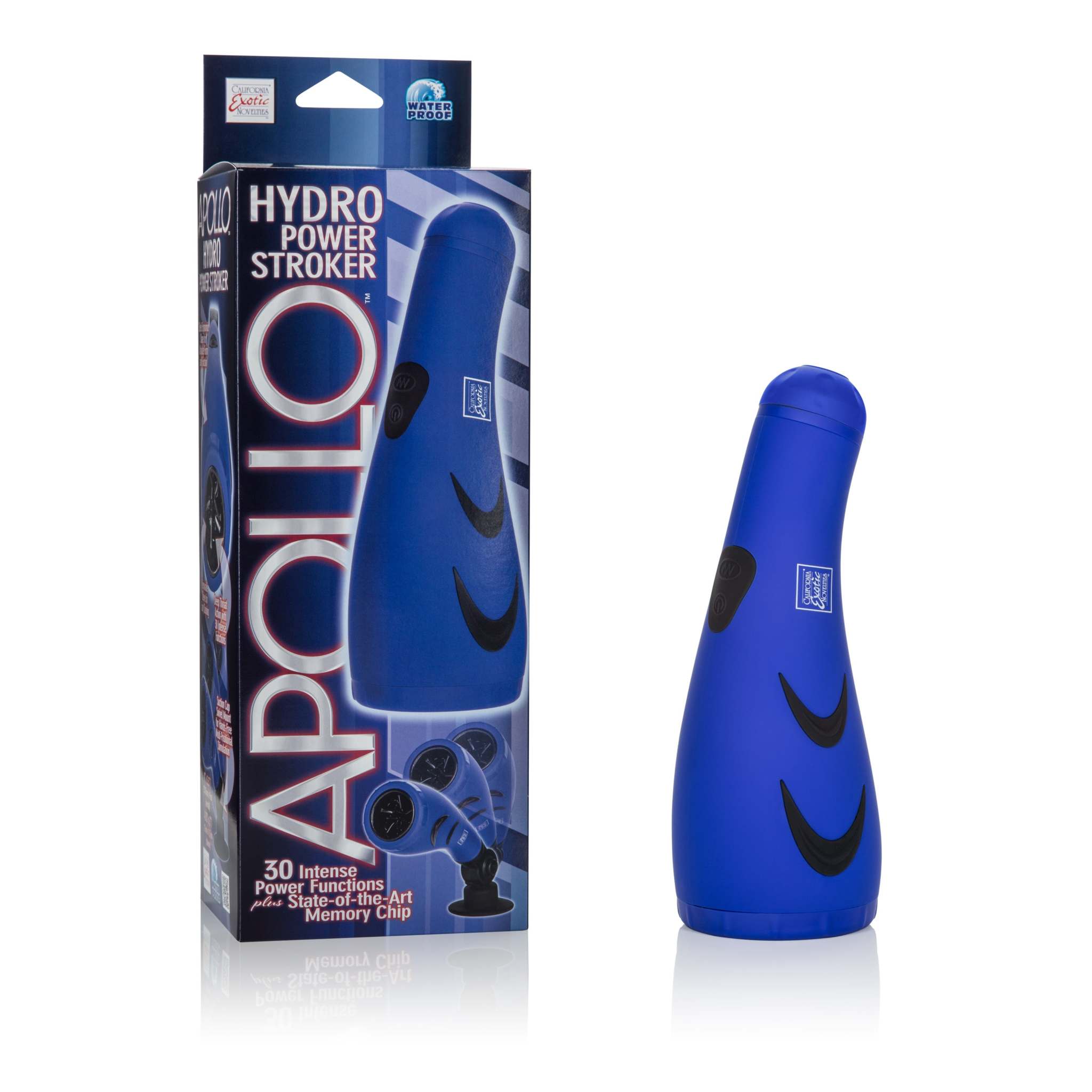 Apollo Hydro Power Stroker blue vibrating male pleasure device with suction cup base and textured sleeve in packaging