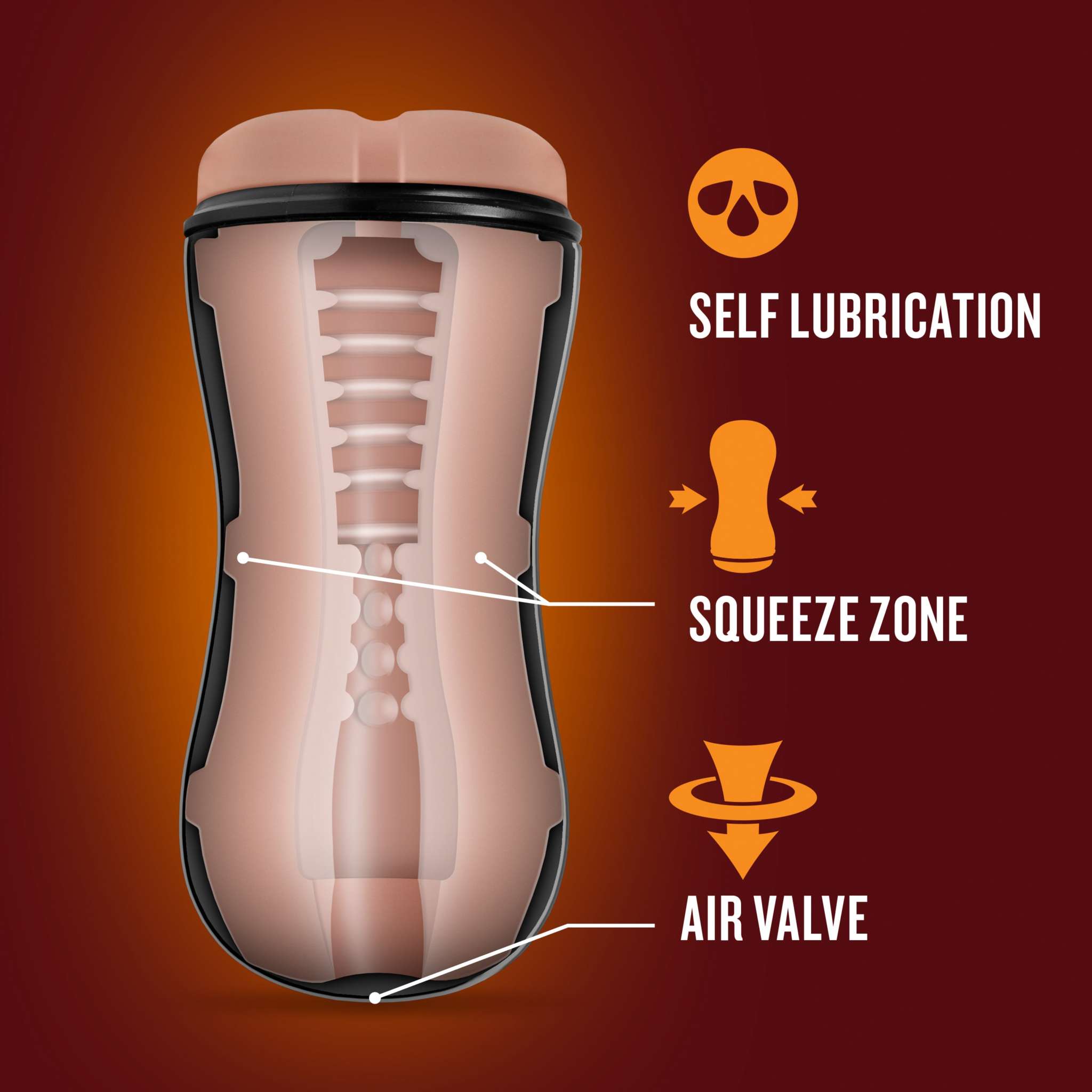 Beige Coverboy Cowboy self lubricating stroker with squeeze zone and air valve features for customizable suction and smooth texture.