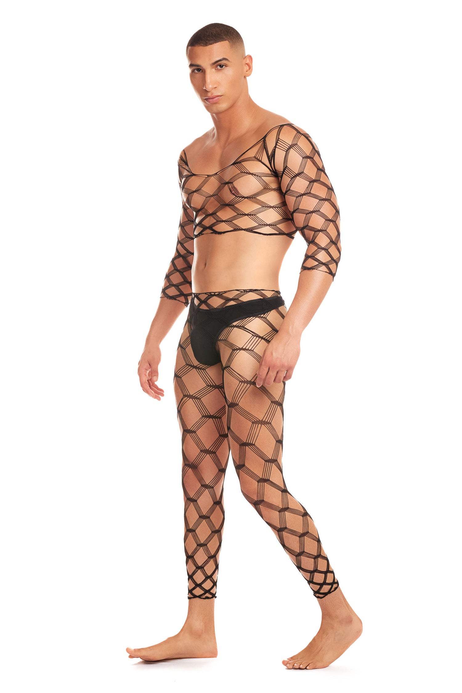 Male model wearing Future Mode 3pc Set in black mesh pattern, small/medium size, showcasing stylish and comfortable fitted outfit.
