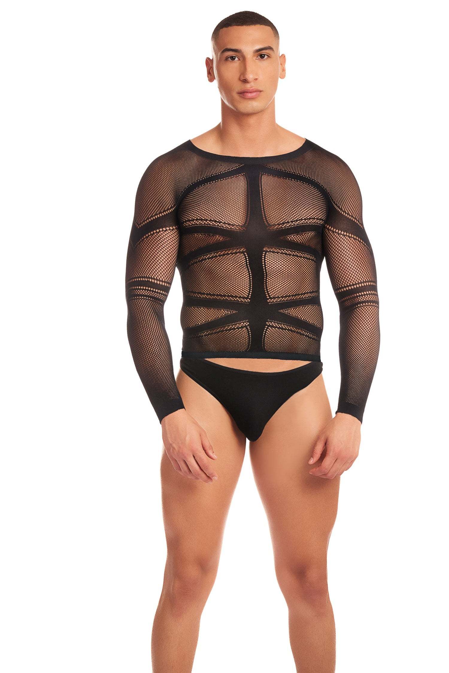Man wearing black Cam Boy 2pc Set mesh long-sleeve top and black briefs in Large/XL size