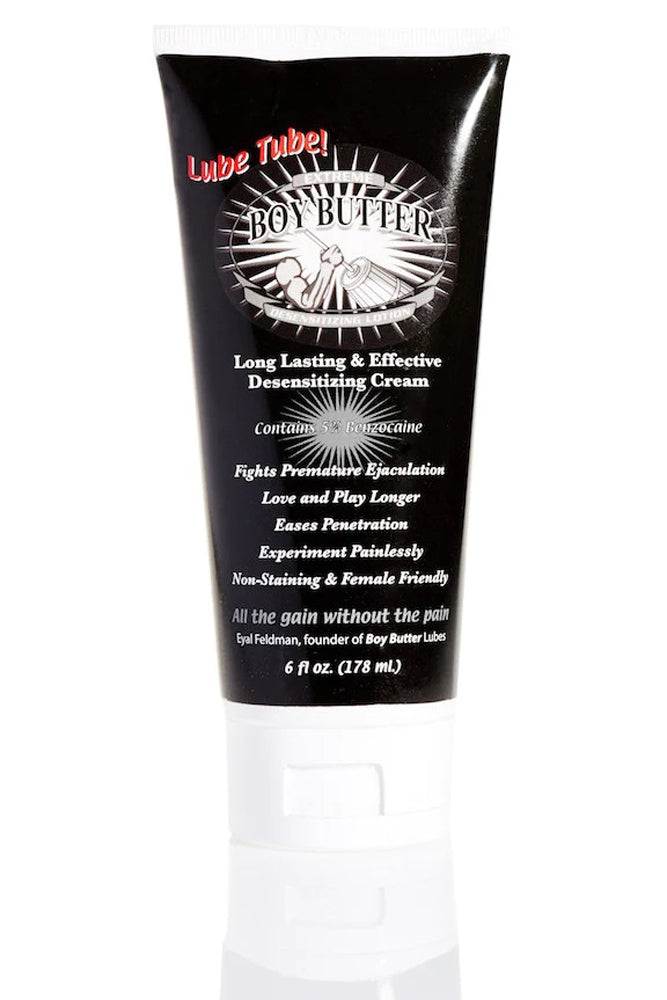 6 fl oz tube of Boy Butter Extreme desensitizing cream with benzocaine for long-lasting intimate comfort and premature ejaculation relief