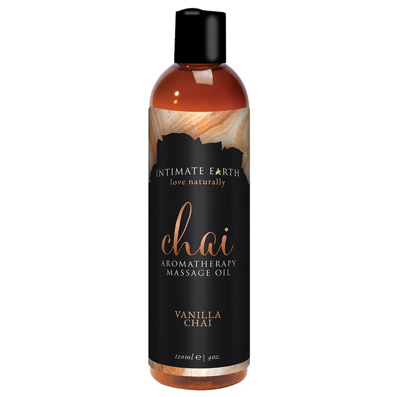 Intimate Earth Vanilla Chai aromatherapy massage oil bottle 4 oz with warm vanilla and chai scent