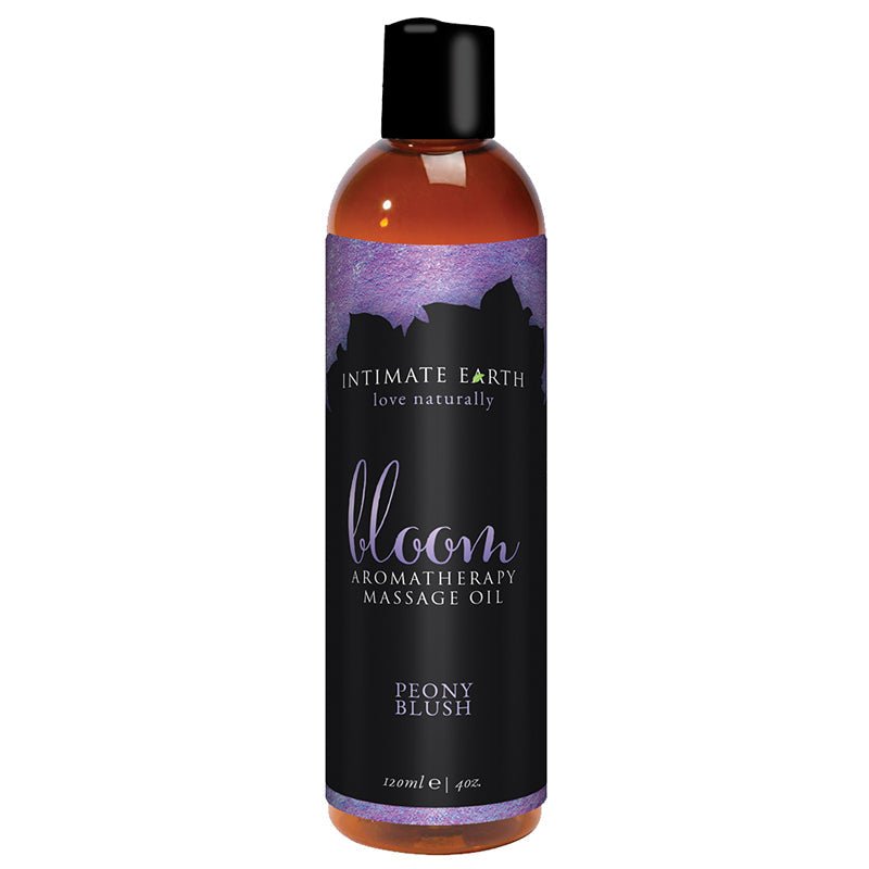 Intimate Earth Bloom Massage Oil 120ml bottle with peony blush scent for aromatherapy and skin nourishment