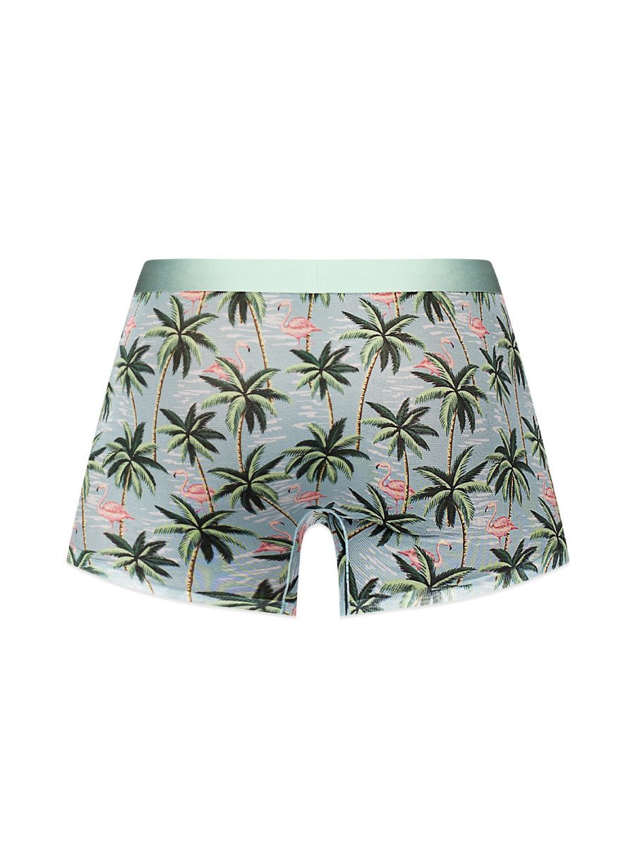 X-Large seamless sheer shorts with flamingo and palm tree print, lightweight and breathable mesh fabric.