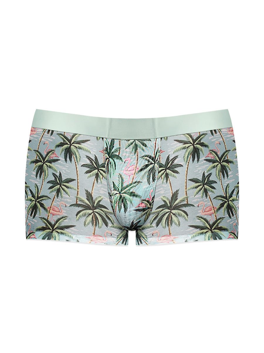 Sheer Prints Seamless Sheer Short in X-Large with tropical flamingo and palm tree design, soft breathable fabric, and comfortable elastic waistband.