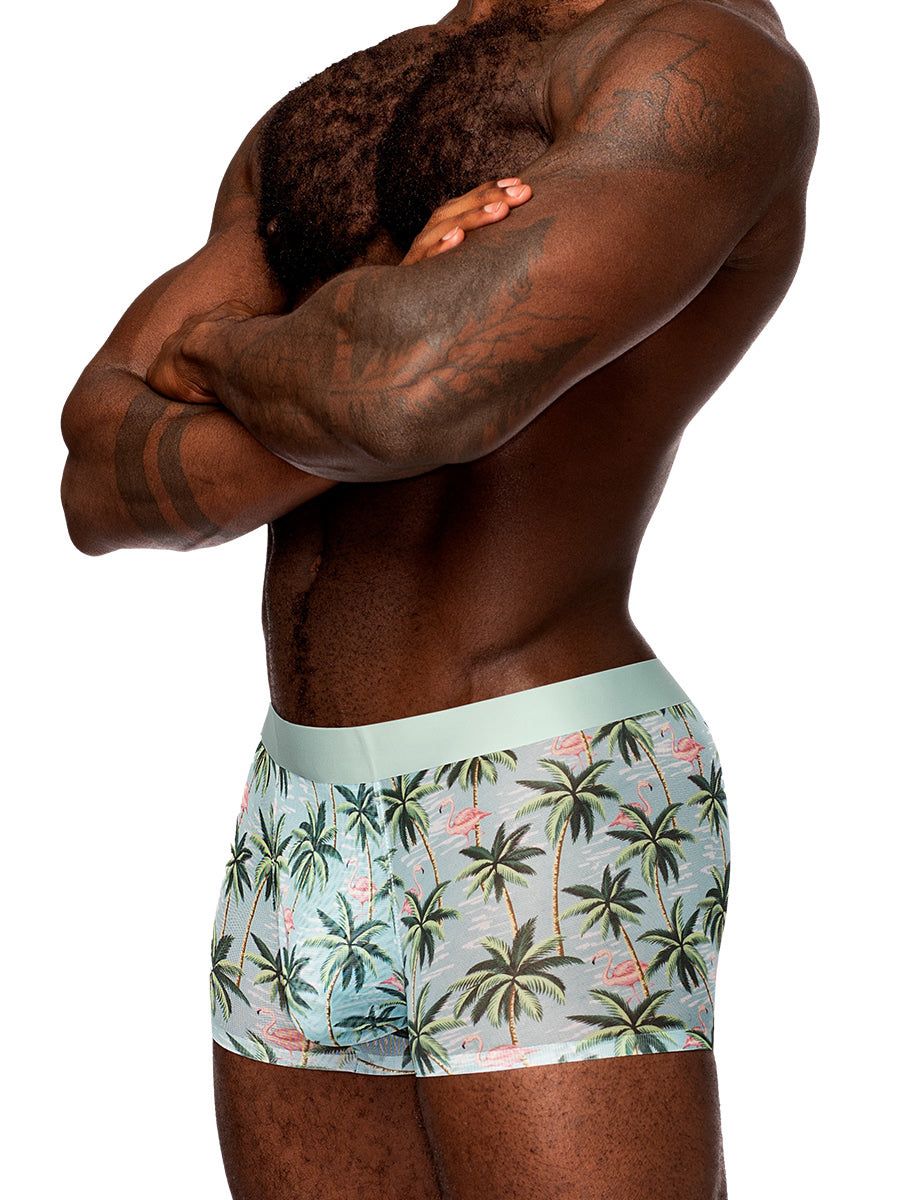 X-Large Sheer Prints Seamless Sheer Short with flamingo and palm tree print on male model
