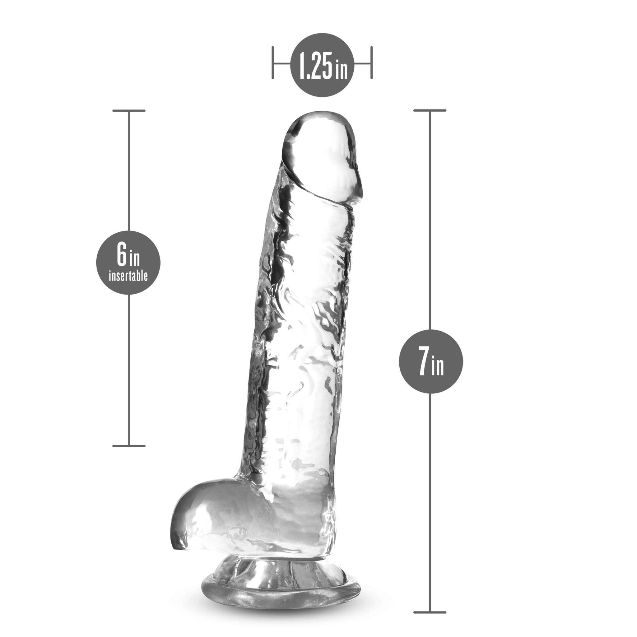 Naturally Yours 7 inch crystalline dildo with suction cup base and 1.25 inch width transparent design