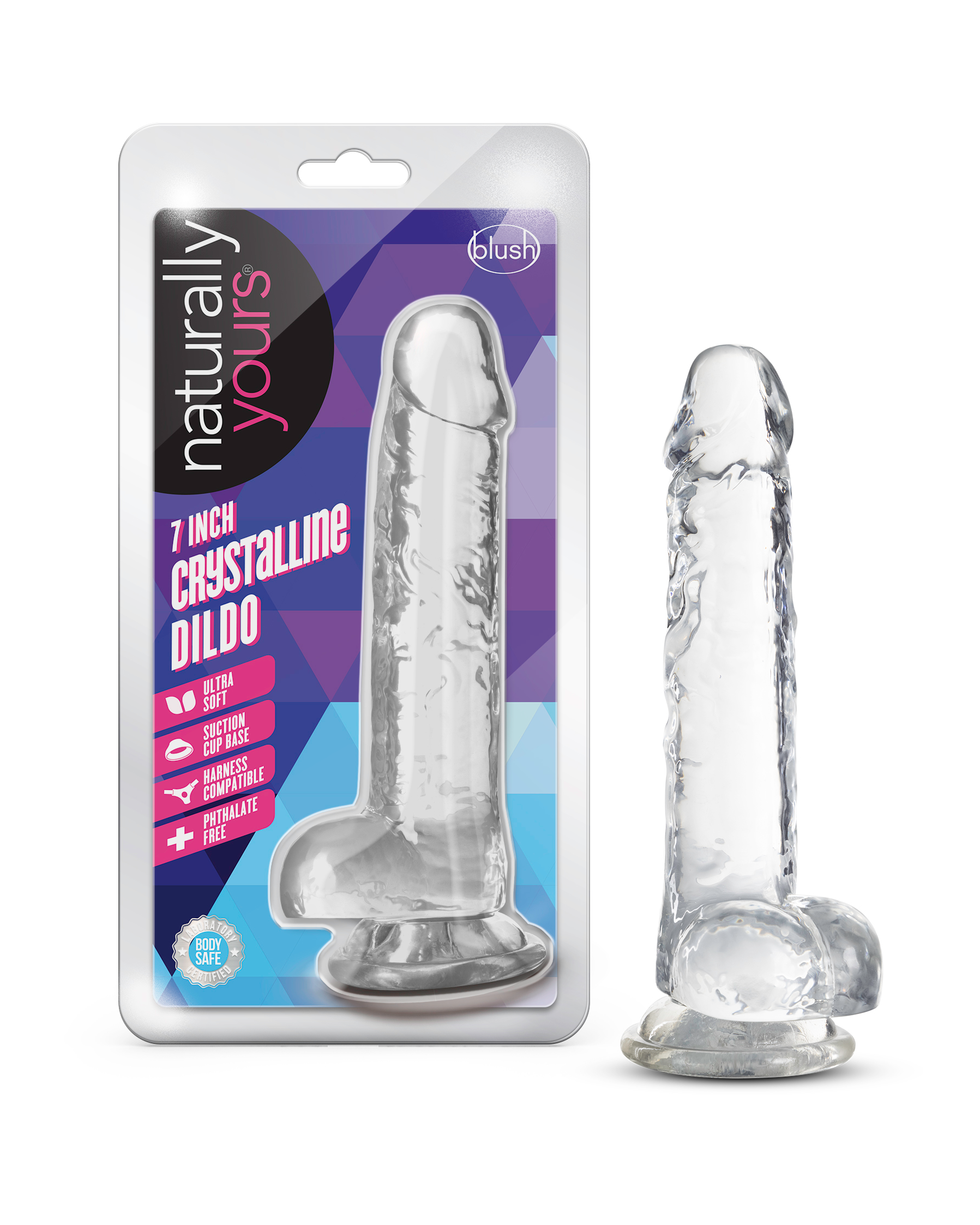 Naturally Yours 7 inch crystalline dildo with suction cup base in clear diamond design