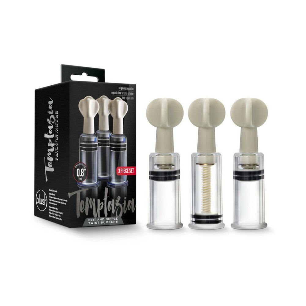 Temptasia Clit and Nipple Twist Suckers 3-piece clear silicone set for adjustable suction and enhanced sensitivity
