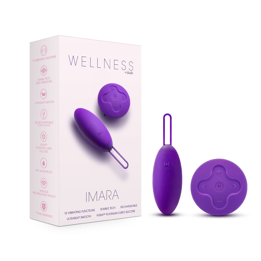 Wellness Imara Vibrating Egg with Remote in purple, body-safe silicone, waterproof, multiple vibration settings, ergonomic and discreet design.